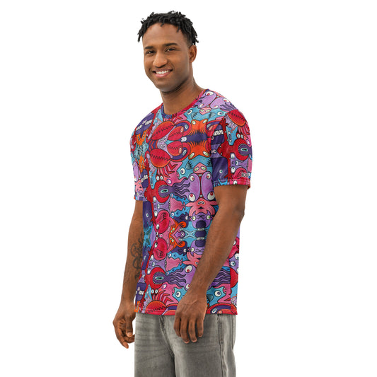 Man modeling Eyes See the Unseen psychedelic cotton t-shirt in three-quarter view, with colorful creature artwork.