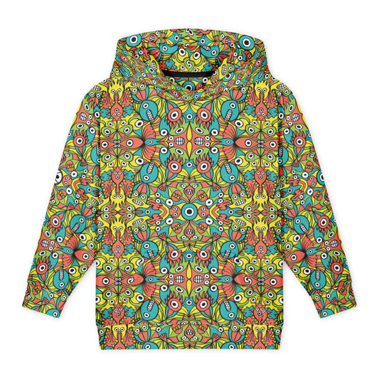 Front view of Infinitely Playful Alien Monsters youth hoodie with hand-drawn creatures in turquoise, coral, lime green, and yellow.