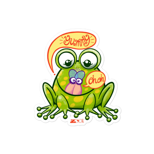 Mischievous frog hunting a delicious fly Bubble-free stickers. 4x4