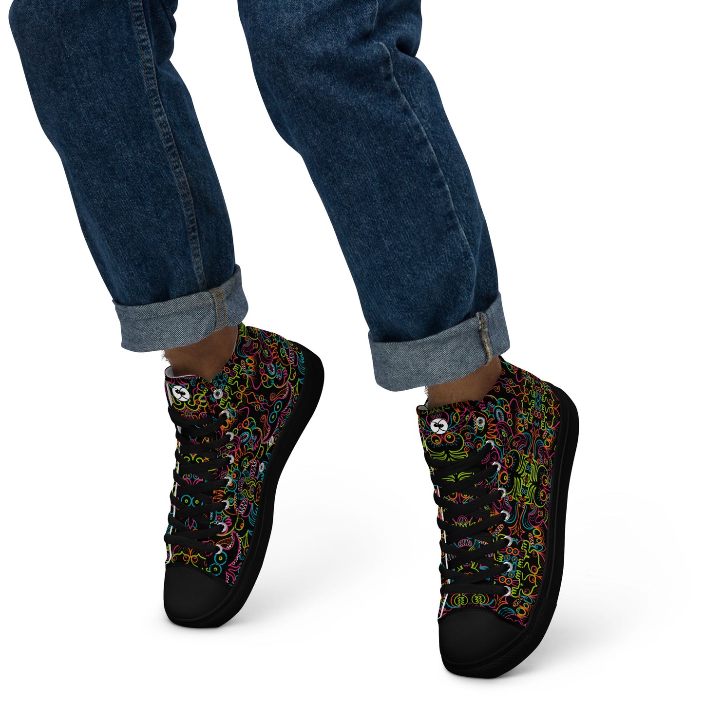 Doodle Carnival: A Kaleidoscope of Whimsical Wonders! - Men’s high top canvas shoes. Black color. Lifestyle
