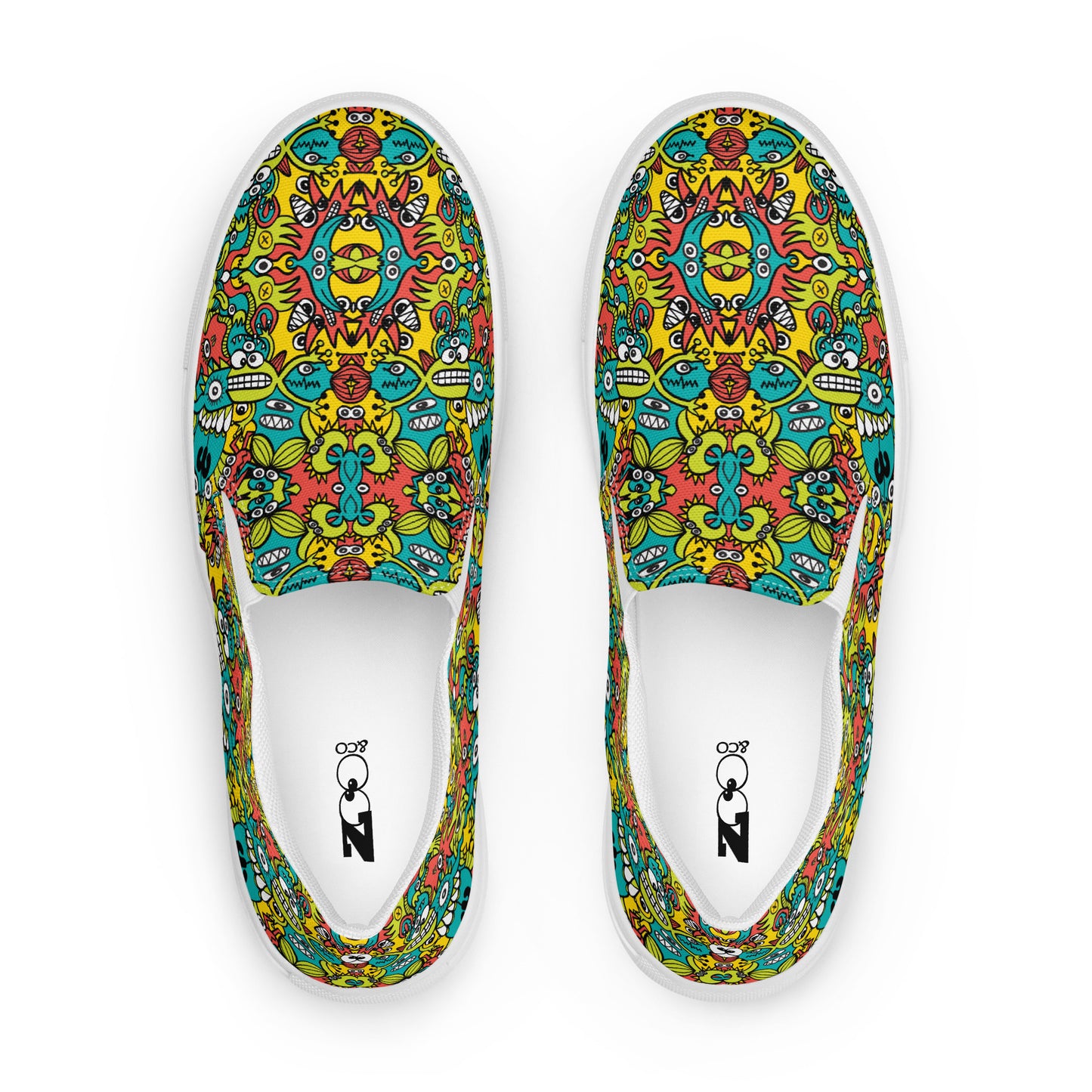 Doodle Dreamscape: Cosmic Critter Carnival - Men’s slip-on canvas shoes. Top view