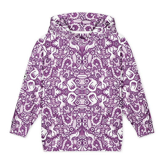 ProdMesmerizing Purple Doodle Fantasy youth hoodie, front view, featuring purple and white hand-drawn creatures in a mirrored pattern.uct mockup