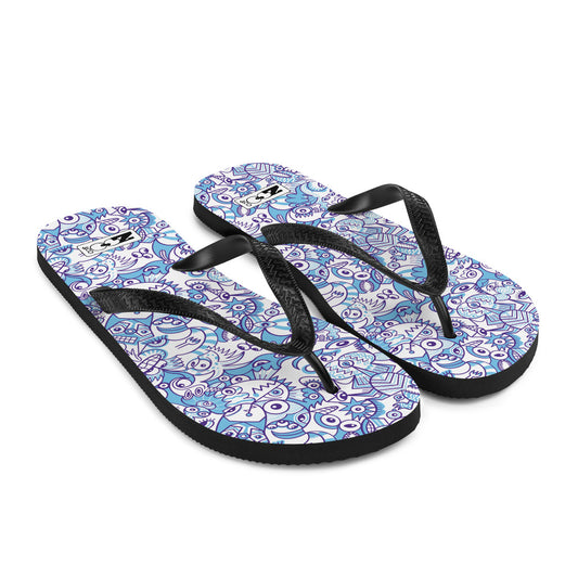 Whimsical Blue Doodle Critterscape pattern design Flip-Flops. Overview