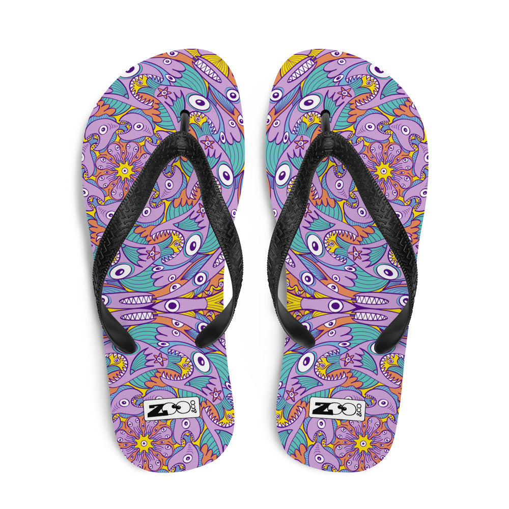 Fintastic Fiesta: Enchanting Illustrated Fish Extravaganza Flip-Flops. Top view