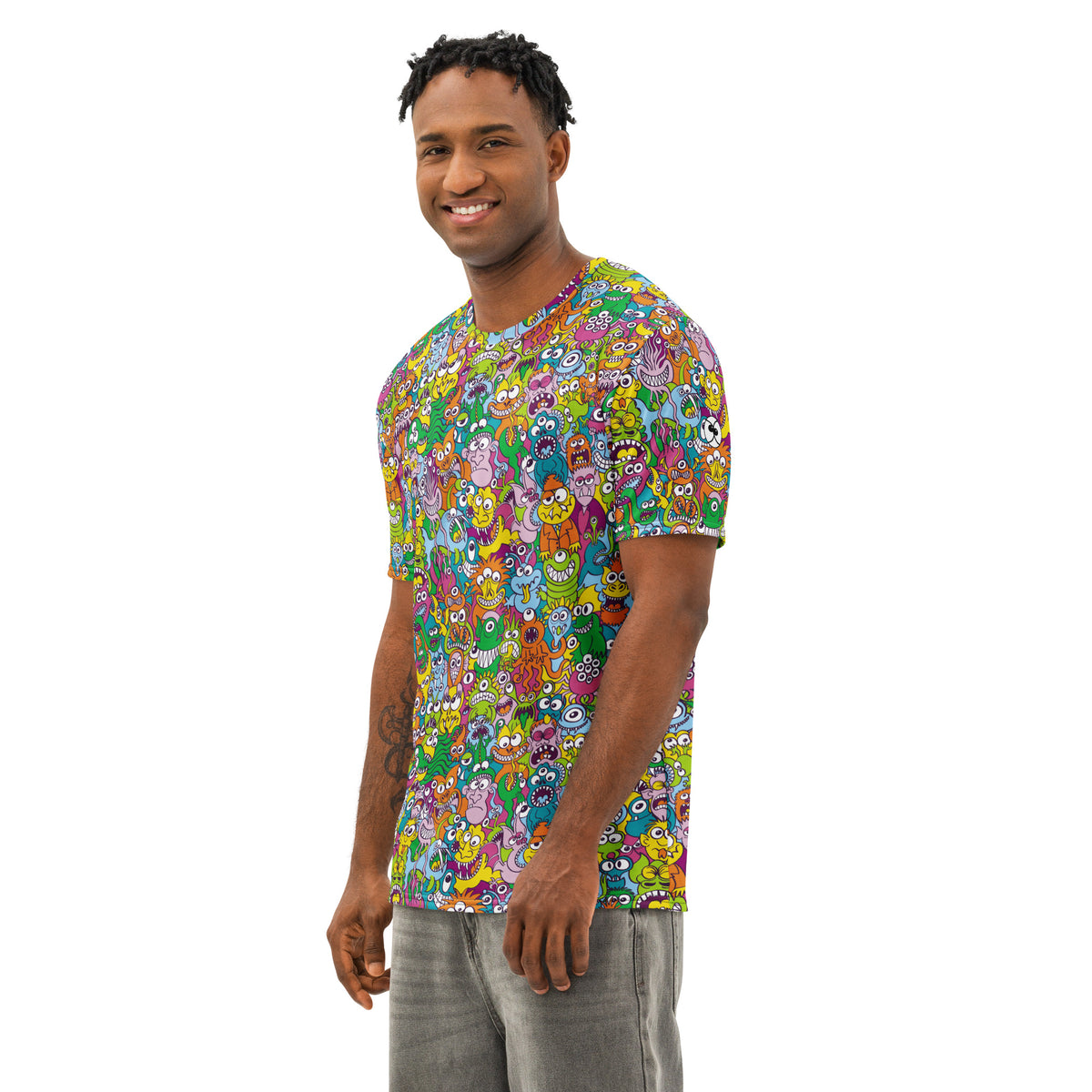 Terrific Halloween creatures men's cotton t-shirt, all-over print of hand-drawn doodle monsters, lifestyle side view