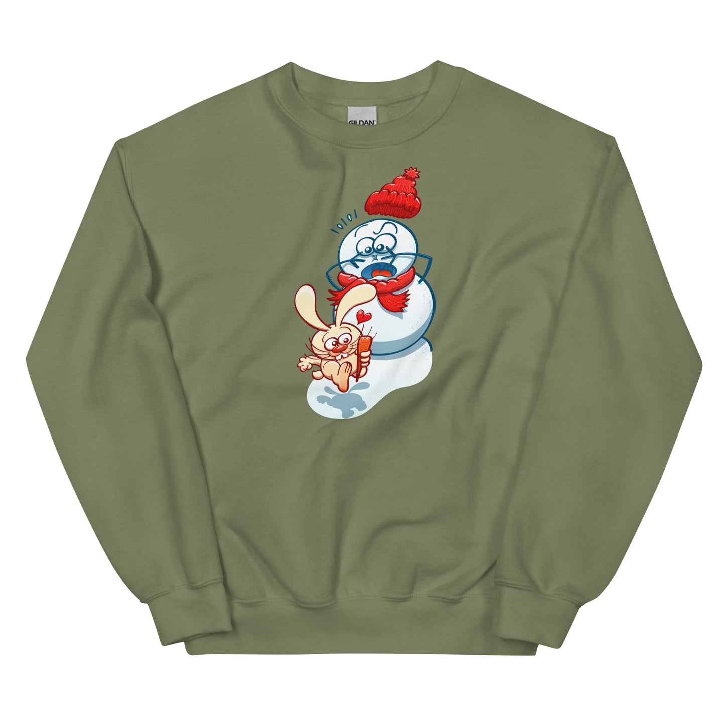 Snowman's Nose Heist: A Christmas Love Tale - Unisex Sweatshirt. Military green color. Front view