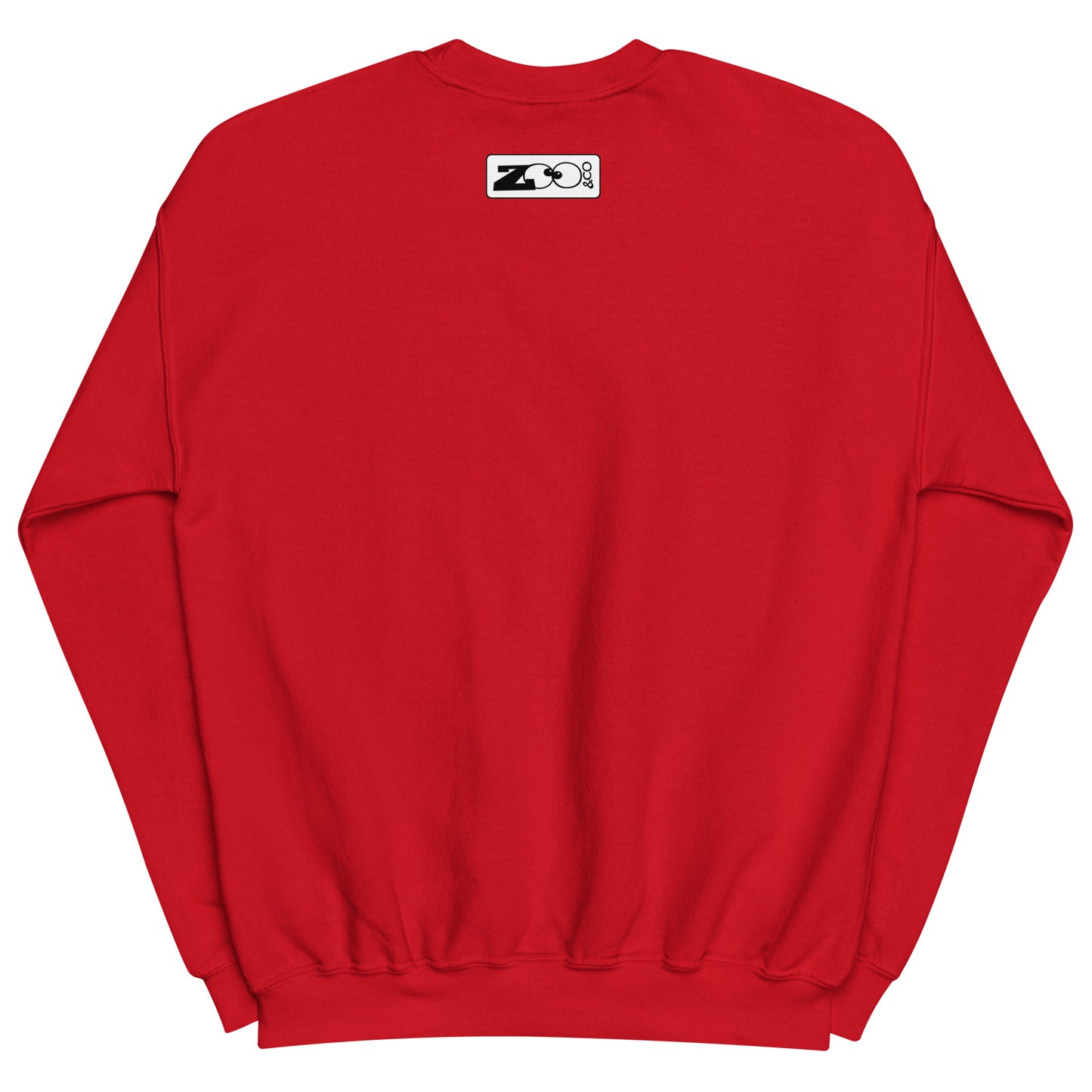 Bunny Stealing a Snowman's Nose with a Blow Dryer - Unisex Sweatshirt. Red. Back view