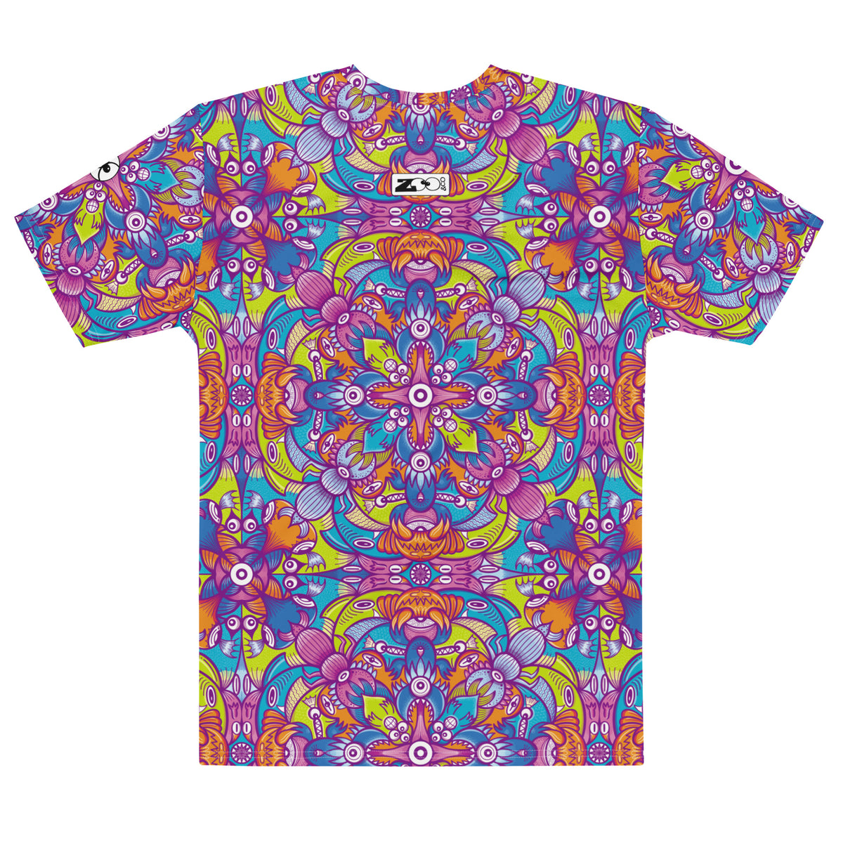 Whimsical Critter Chaos: A Doodle Adventure Men's cotton t-shirt. Back view