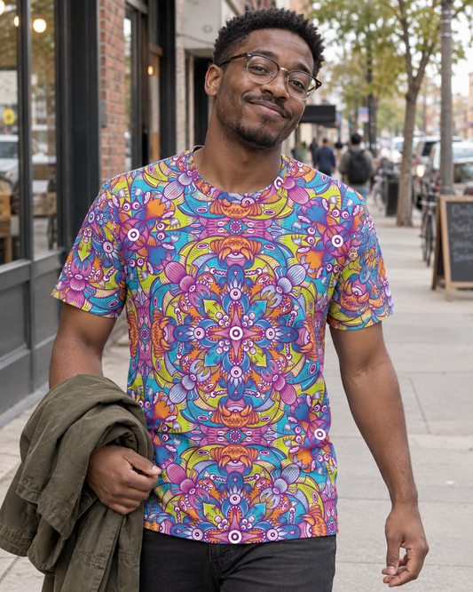 Whimsical Critter Chaos: A Doodle Adventure Men's cotton t-shirt. Lifestyle front view