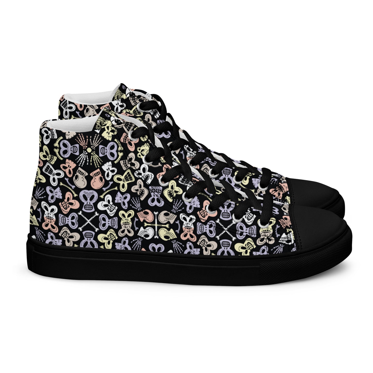 Bewitched Skulls: Hauntingly Chic Pattern Design - Women’s high top canvas shoes. Black color. Side view