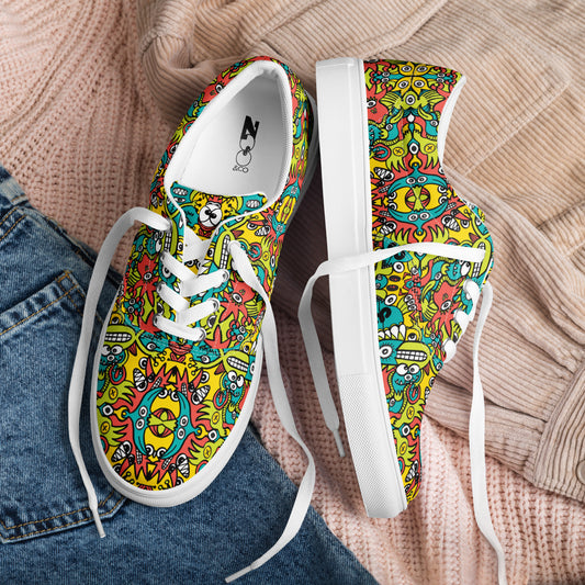 Doodle Dreamscape: Cosmic Critter Carnival - Women’s lace-up canvas shoes. Lifestyle