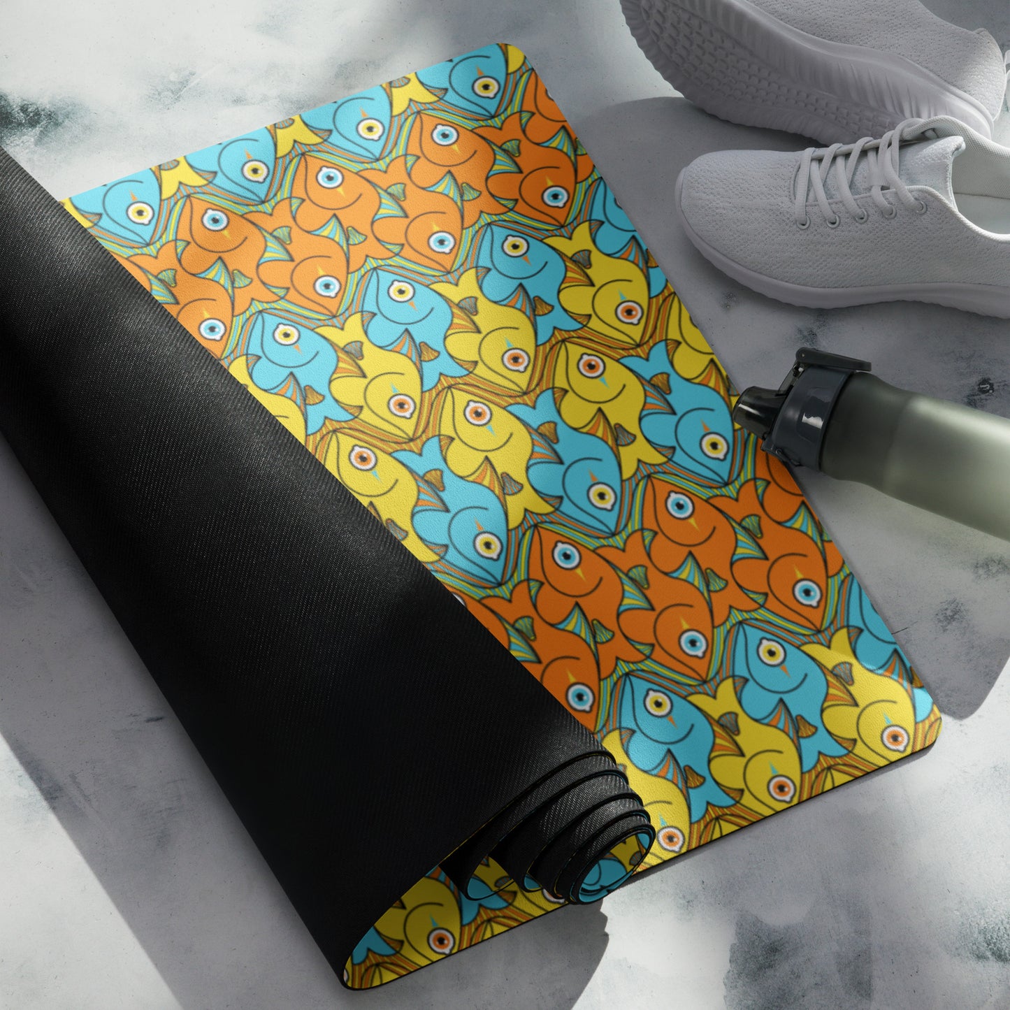Smiling colorful fishes pattern Yoga mat. Product detail
