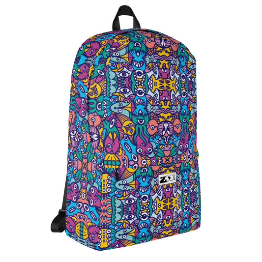 Whimsical design featuring multicolor critters from another world Backpack. Side view