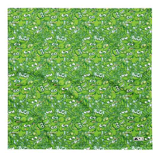 A tangled army of happy green frogs appears when the rain ends All-over print bandana. Large size