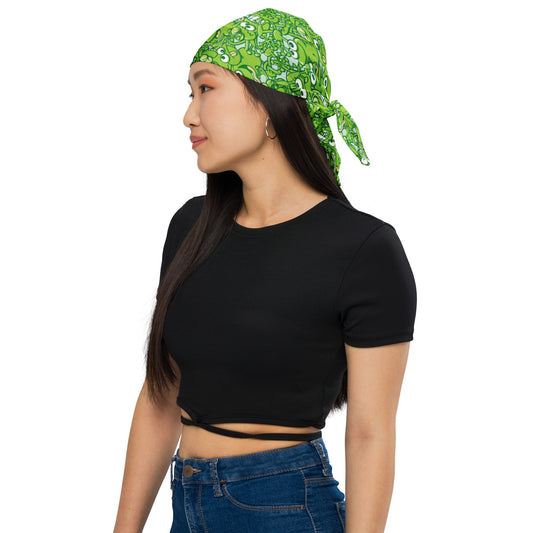 A tangled army of happy green frogs appears when the rain ends All-over print bandana. Beautiful woman wearing bandana by Zoo&co