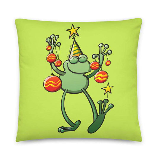 Green frog celebrating Christmas Basic Pillow-Basic pillows