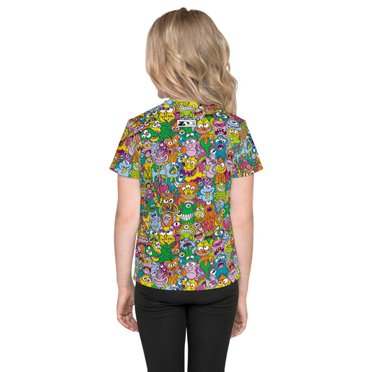 Terrific Halloween creatures ready for a horror movie Kids crew neck t-shirt. Back view