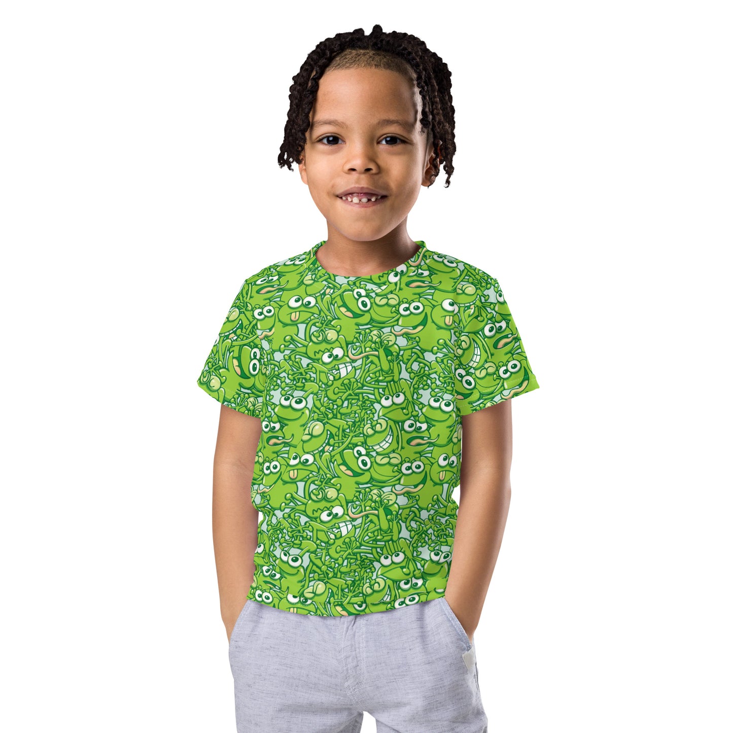 A tangled army of happy green frogs appears when the rain stops Kids crew neck t-shirt. Front view
