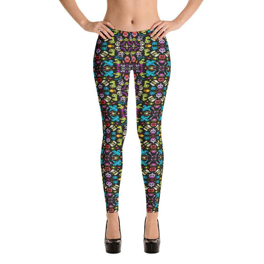 Spooky Halloween characters in a pattern design Leggings-Leggings