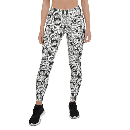 Black and white cool doodles art Leggings. Front view