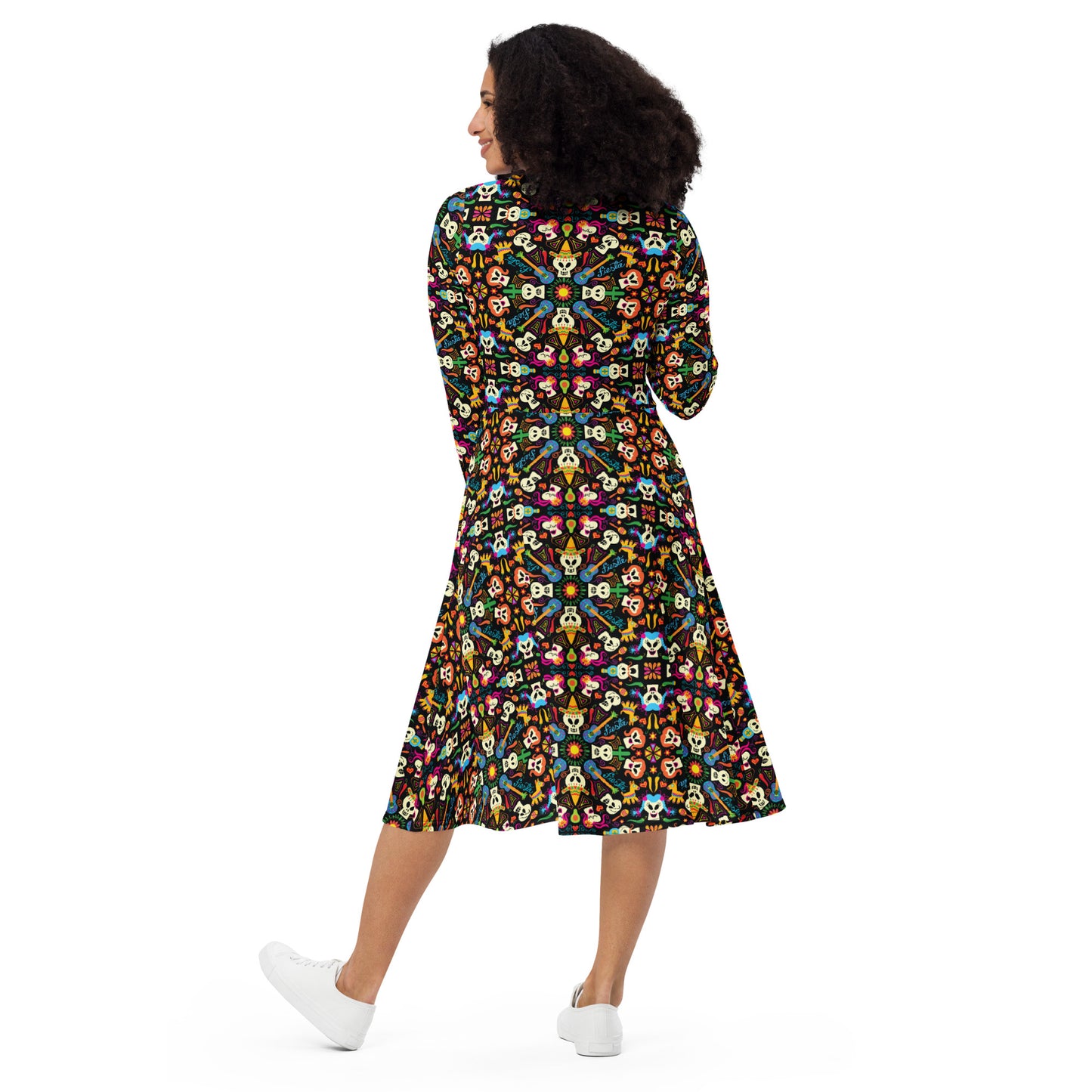 Day of the dead Mexican holiday All-over print long sleeve midi dress. Back view