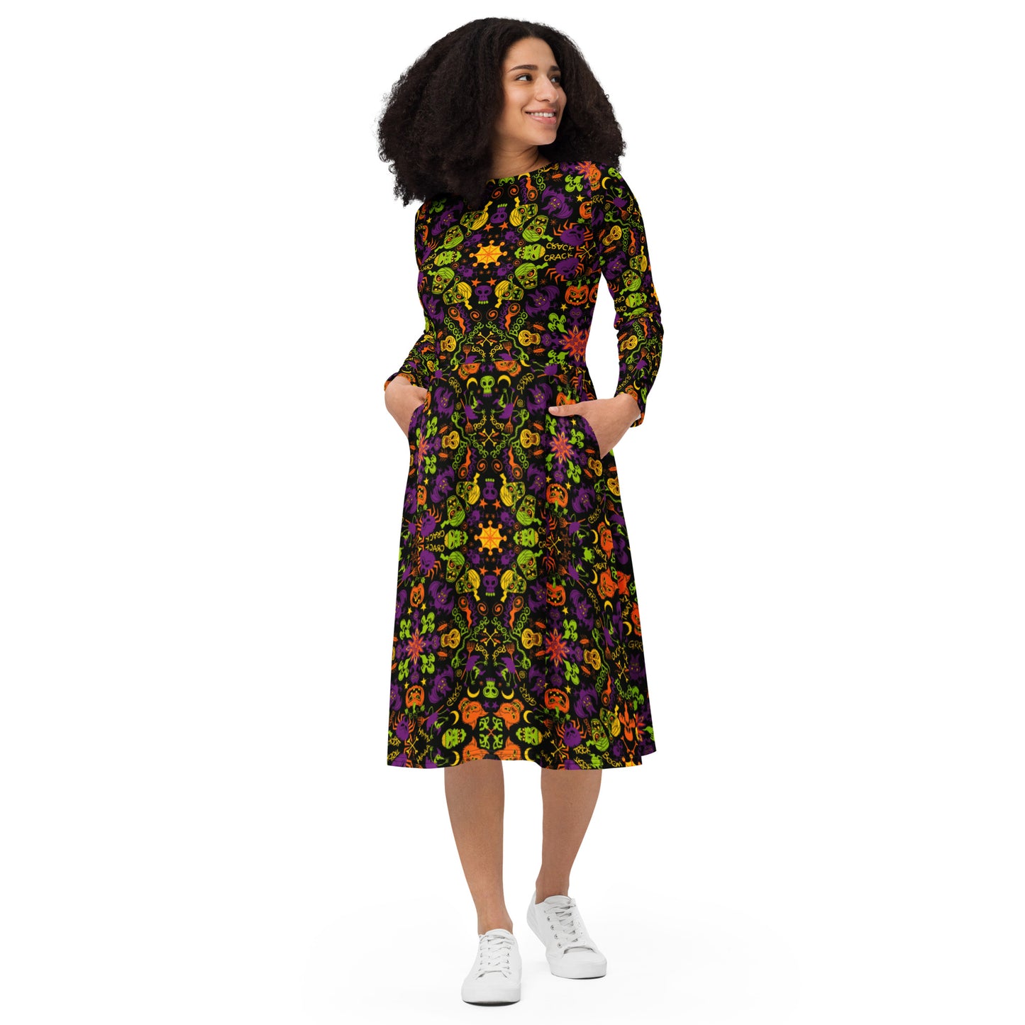 All Halloween stars in a creepy pattern design All-over print long sleeve midi dress