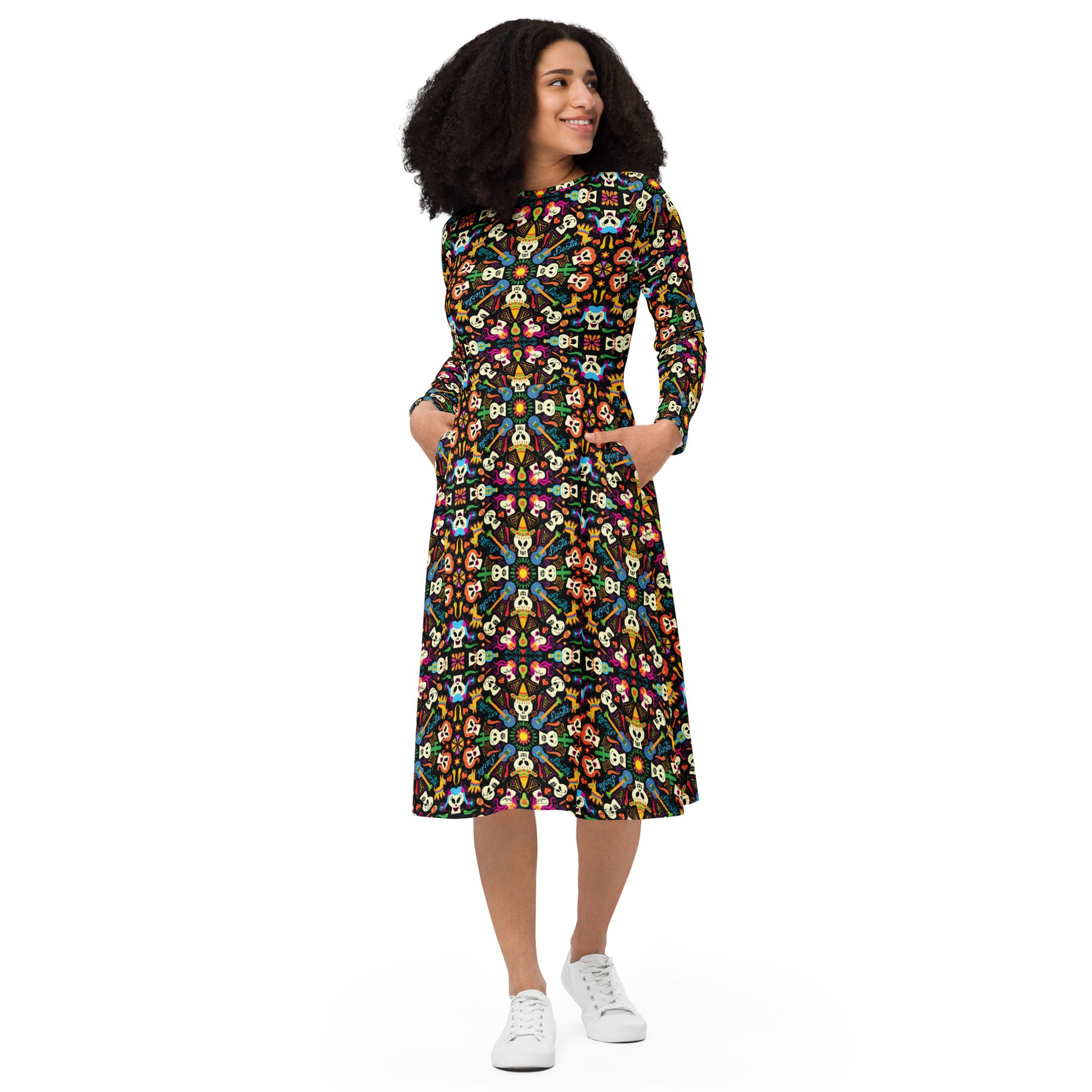 Day of the dead Mexican holiday All-over print long sleeve midi dress. Front view