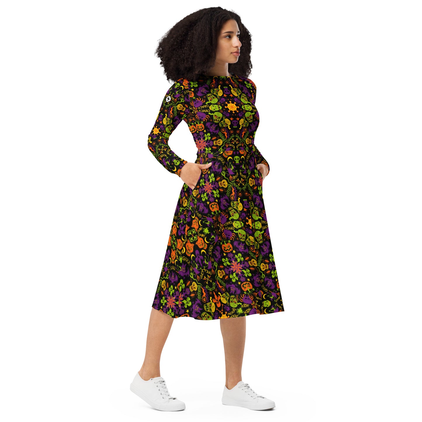 All Halloween stars in a creepy pattern design All-over print long sleeve midi dress