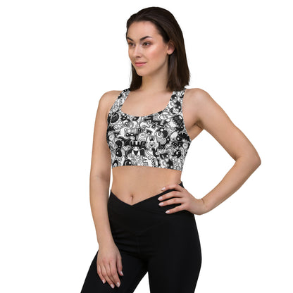 Joyful crowd of black and white doodle creatures Longline sports bra. Left front view