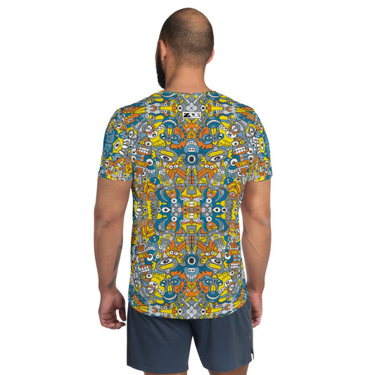 Retro robots doodle art All-Over Print Men's Athletic T-shirt. Back view