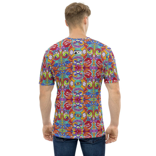 Psychedelic monsters having fun making a pattern design Men's T-shirt. Back view