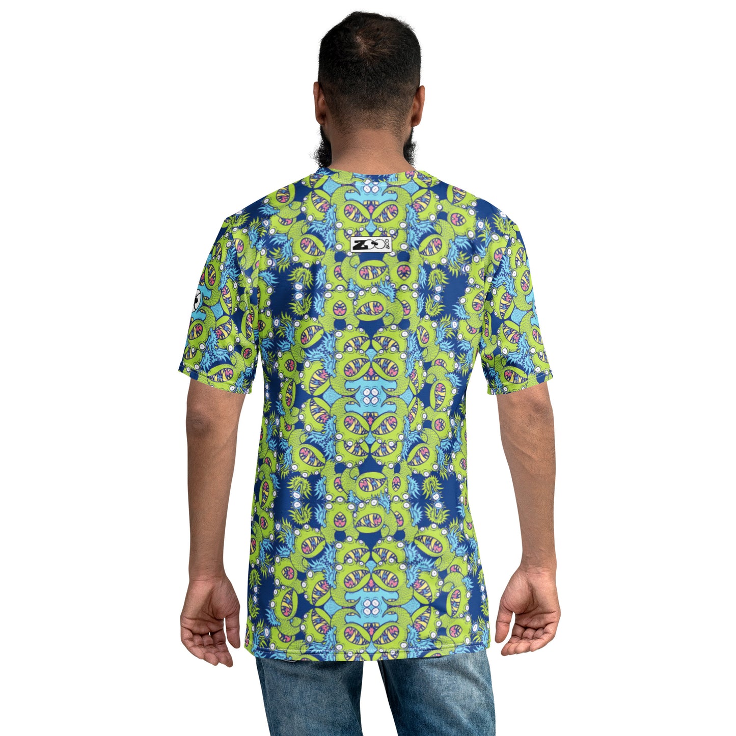 Winged little blue monster pattern art Men's t-shirt. Back view