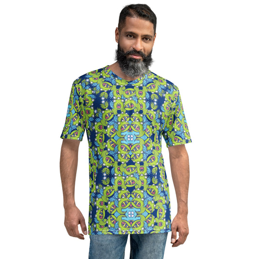 Winged little blue monster pattern art Men's t-shirt. Front view