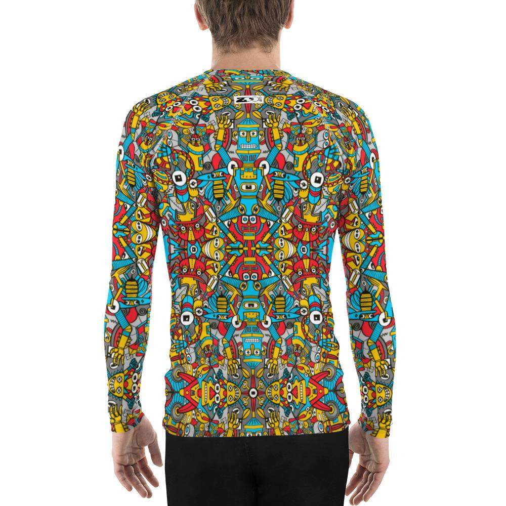 Crazy robots rising from rust in lively junkyards Men's Rash Guard-Rash guards