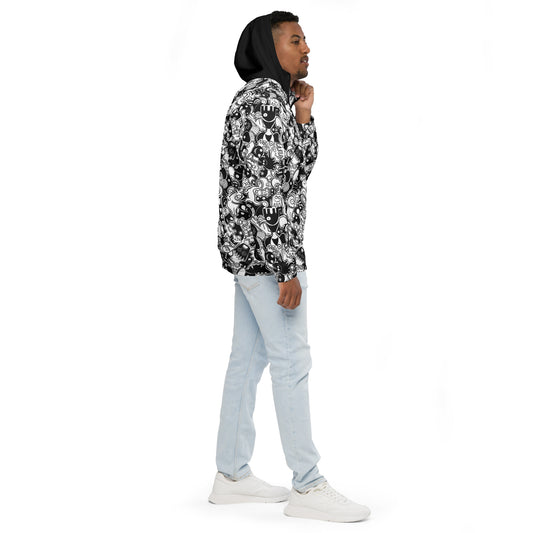 Joyful crowd of black and white creatures Men’s windbreaker. Side view