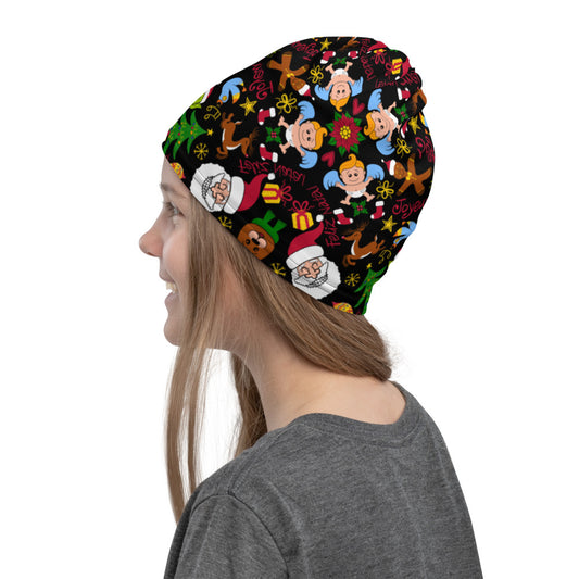 Smiling girl wearing a Neck Gaiter printed with The joy of Christmas pattern design. Side view