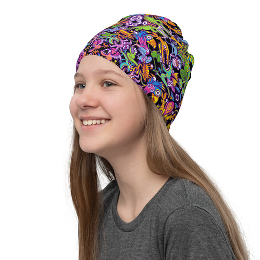 Eccentric critters in a lively crazy festival Neck Gaiter. Beanie