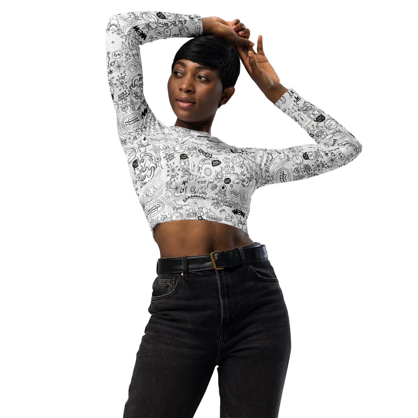 Celebrating the most Comprehensive Doodle art of the Universe Recycled long-sleeve crop top. Front view