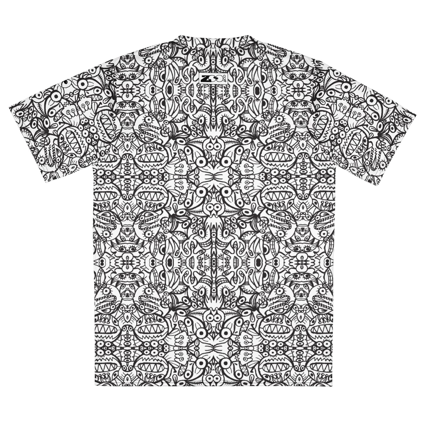 Brush style doodle critters Recycled unisex sports jersey. Back view