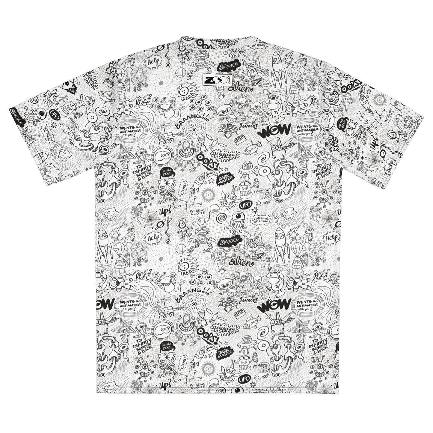 Celebrating the most comprehensive Doodle art of the universe Recycled unisex sports jersey. Back view