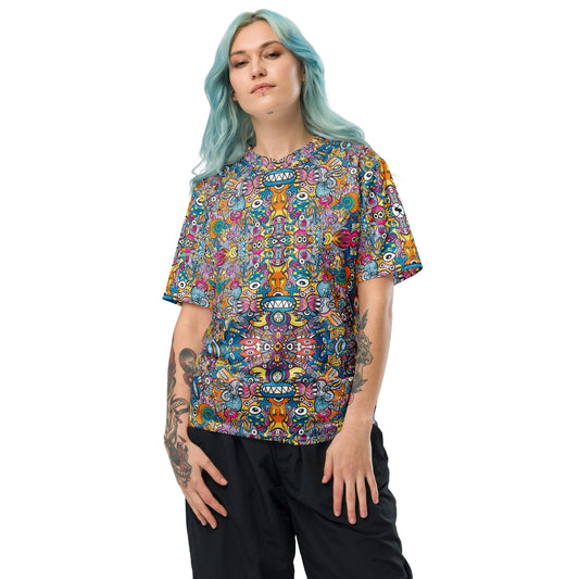 Monsters vs robots ultimate battle Recycled unisex sports jersey. Woman wearing Zoo&co’s Recycled unisex sports jersey