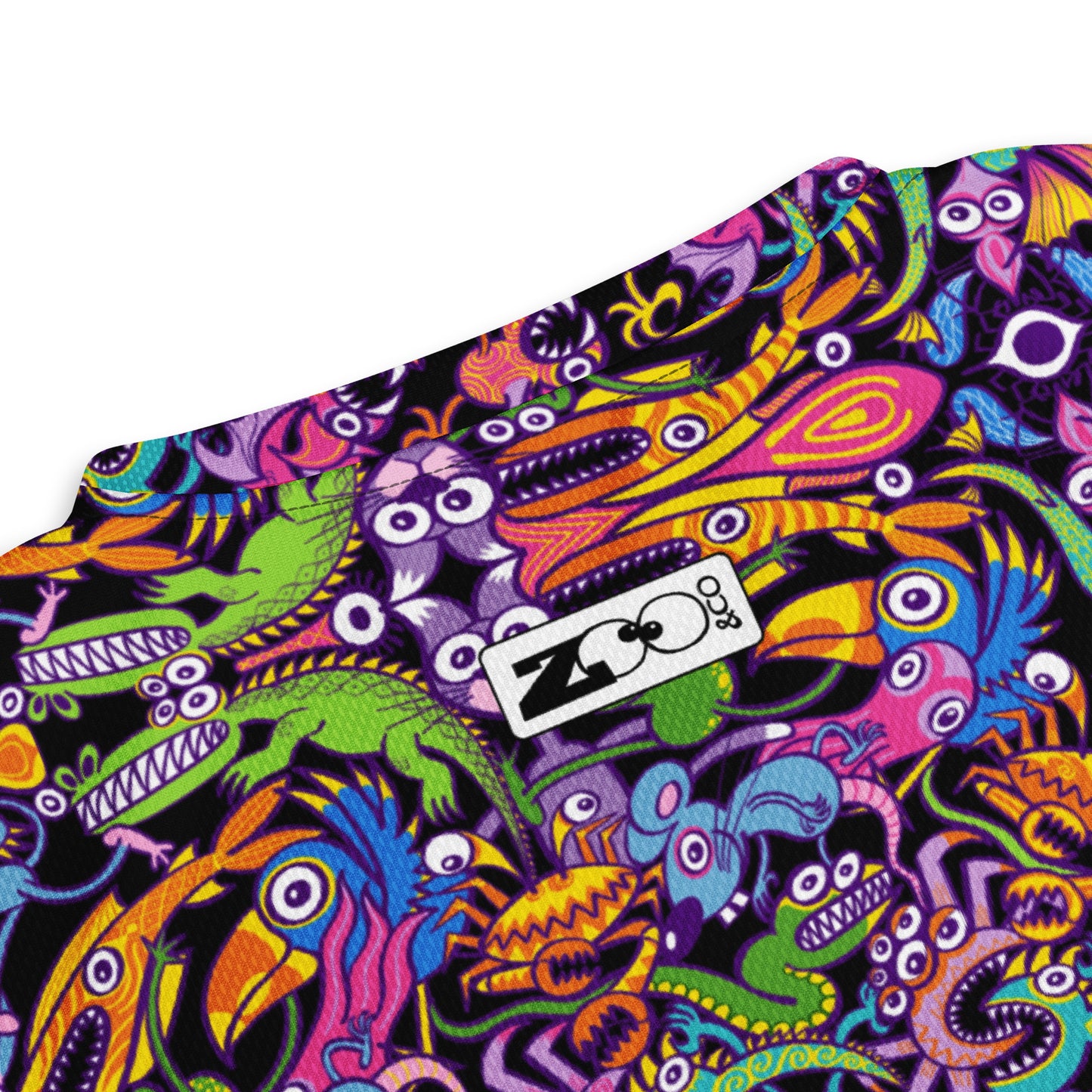 Eccentric critters in a lively crazy festival Recycled unisex sports jersey. Product detail. Back view