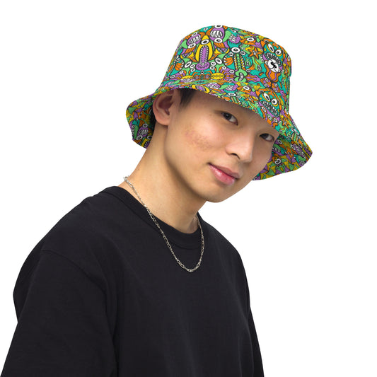 The vast ocean is full of doodle critters Reversible bucket hat. Side view