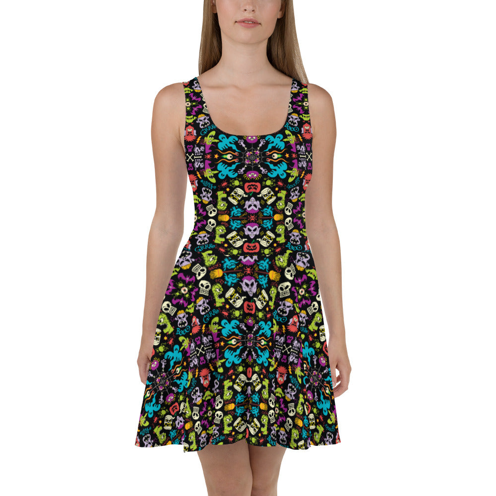 Spooky Halloween Characters in A Pattern Design Skater Dress S Spooky Halloween Characters in A Pattern Design Skater Dress S