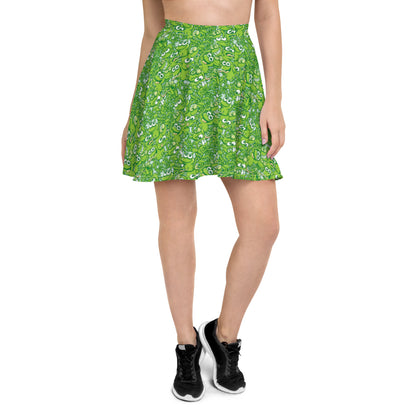 A tangled army of happy green frogs appears when the rain stops Skater Skirt. Front view