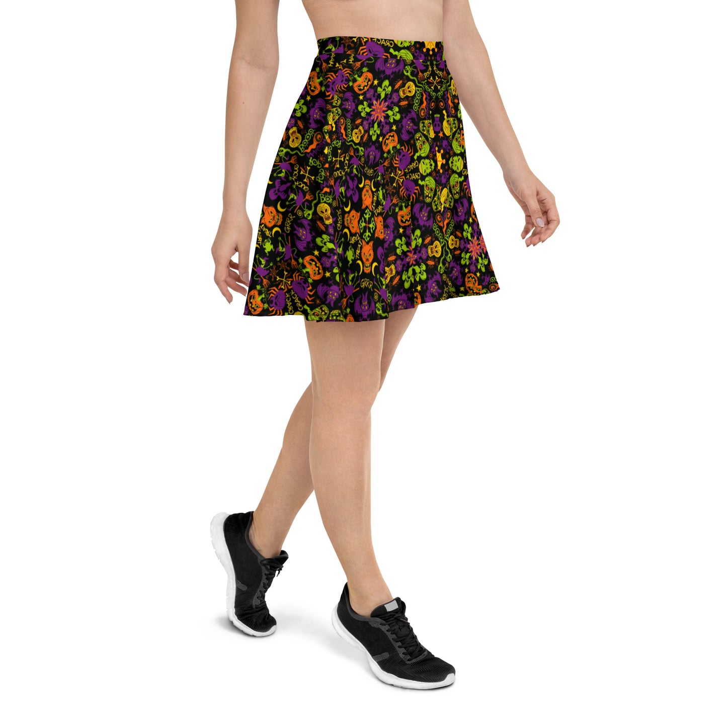 All Halloween stars in a creepy pattern design Skater Skirt. Side view