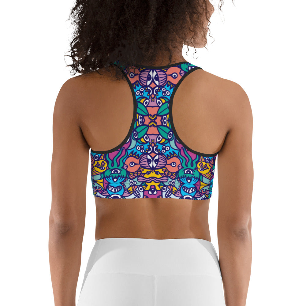 Whimsical design featuring colorful critters from another world Sports bra. Back view
