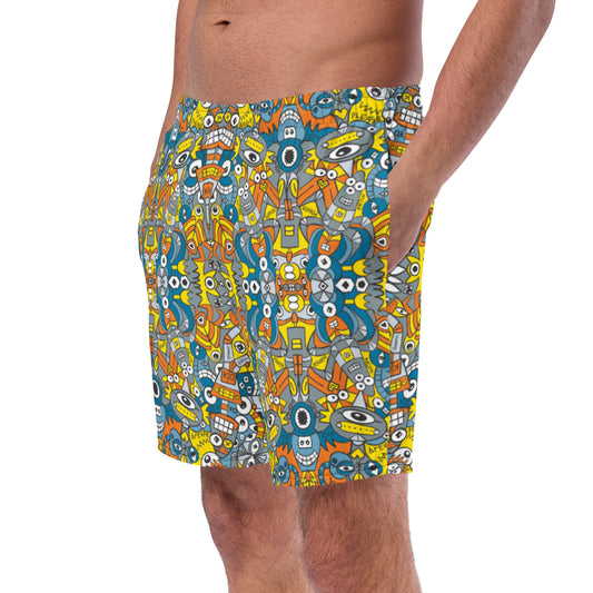 Retro robots doodle art Men's swim trunks. Left front view