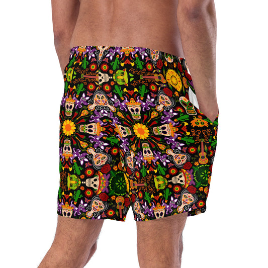 Mexican skulls celebrating the Day of the dead Men's swim trunks. Back view
