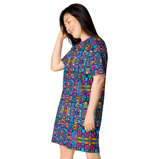 Whimsical design featuring multicolor critters from another world T-shirt dress. Side view